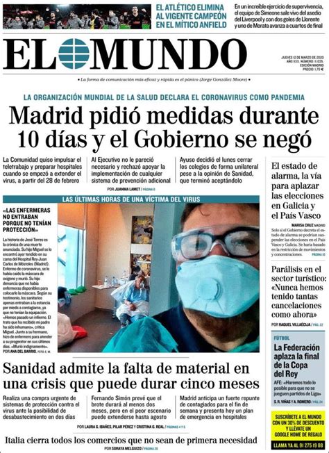 Tenerife mantiene un nivel de casos de covid inaceptable. Portada del diario El Mundo del día 12/03/2020 - News Europa