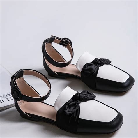Womens Genuine Leather Ankle Strap Bow Tie Flats Summer Footwear