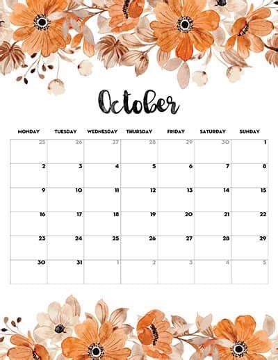 An October Calendar With Orange Flowers On The Front And Back Cover In