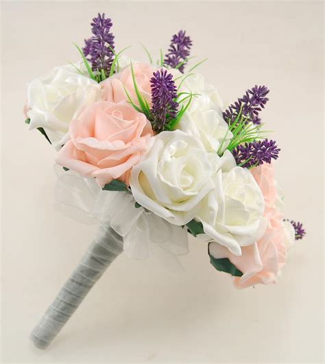Brides Peach And Ivory Artificial Foam Rose Wedding Posy Bouquet Budget