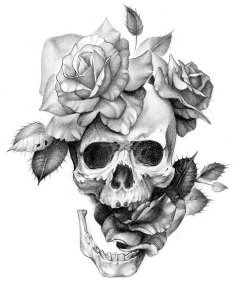 Black And White Skull And Roses Realistic Flower Tattoo Skull And
