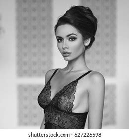 Sensual Brunette Woman Posing Black Lace Stock Photo Edit Now