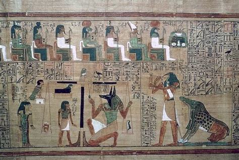 egyptian papyrus with a depiction of the weighing of