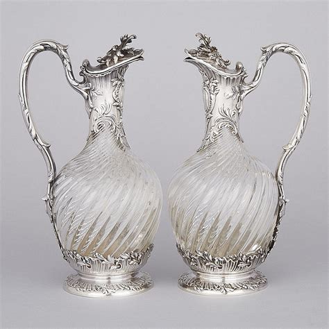 Pair Of French Silver Mounted Cut Glass Claret Jugs Edmond