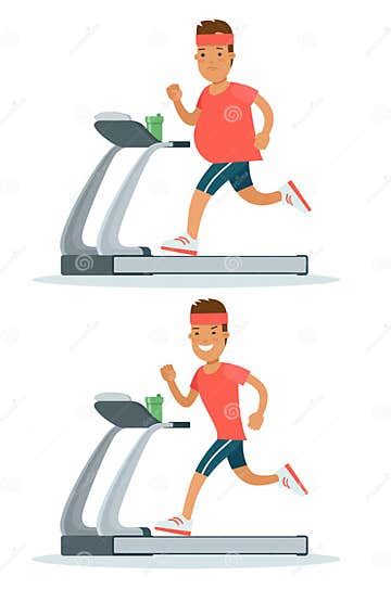Flat Fat Man Weight Loss Running Treadmill Before Stock Illustration