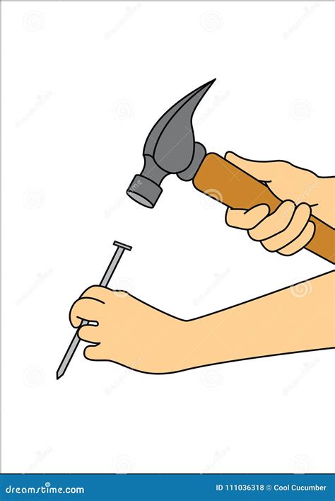 Hand With Hammer Hammering In A Nail Stock Vector Illustration Of