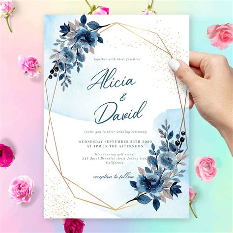 Blue Floral Geometric Winter Wedding Invitation Template Online Maker