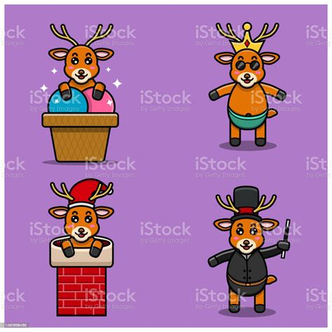 Set Of Cute Baby Deer Character With Various Poses On Ice Cream Chinmey