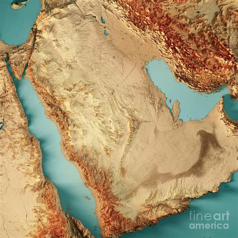 Saudi Arabia 3D Render Topographic Map Color Digital Art By Frank