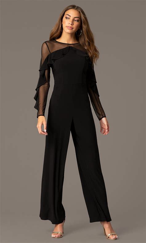 Long Black Party Jumpsuit With Sheer Long Sleeves Long Black Dress