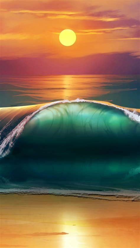 Art Sunset Beach Sea Waves Iphone 7 Wallpaper Ocean