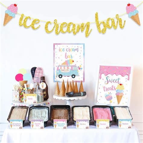 Ice Cream Bar Decorations Kit Gold Glitter Ice Cream Bar Banner Ice Cream Bar Sign Toppings