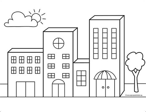 Easy How To Draw Buildings Tutorial Video And Buildings Coloring Page
