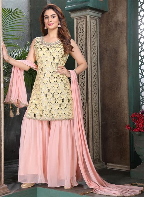 Buy Embroidered Georgette Pink And Yellow Designer Salwar Suit Online