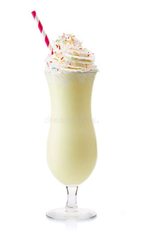 Glass Of Vanilla Milkshake With Whipped Cream Isolated On White Stock