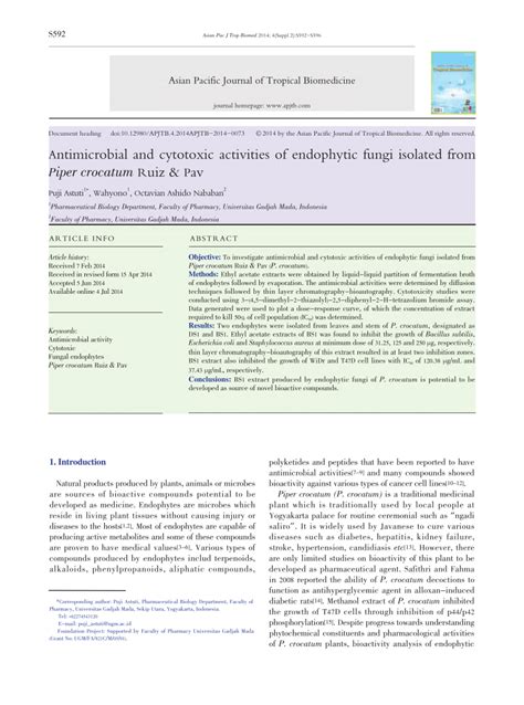 Pdf Antimicrobial And Cytotoxic Activities Of Endophytic Fungi
