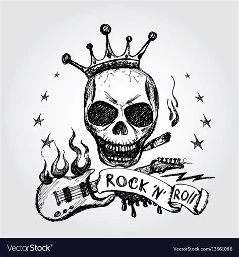 Rock And Roll Skull Guitar Hand Drawing Royalty Free Vector