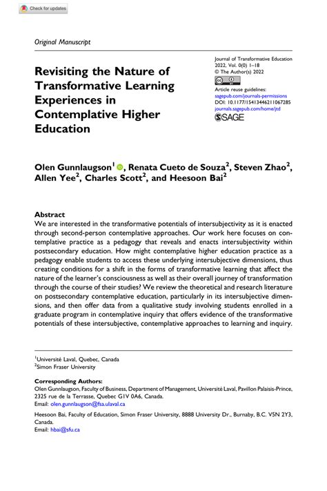 Pdf Revisiting The Nature Of Transformative Learning Experiences In