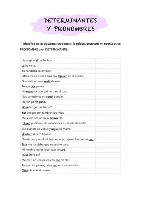 Ficha de Determinantes y pronombres Cuaderno de gramática Ejercicios