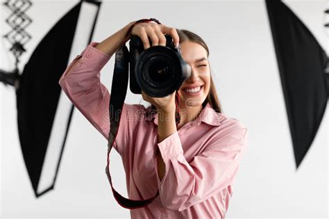 Closeup Portrait Of Young Woman Photographer Taking Photo Lady Working