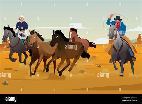 A Vector Illustration Of Cowboys And Wild Horses Running On The Desert