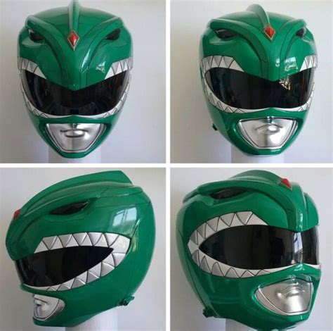 Four Pictures Of Green Helmet With White Teeth And Mouth Designs On The