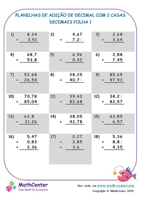 Quinto Ano Planilhas Adição de Decimais Math Center