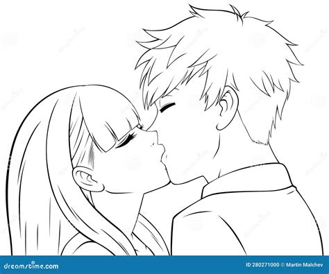 Anime Boy And Girl Kissing Line Art Stock Vector Illustration Of