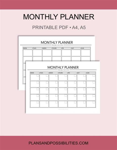 Printable Monthly Planner A5 A4 Monthly Planner Inserts Monthly