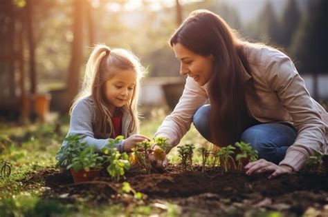 Premium Photo Mother And Young Daughter Gardening Together Bonding While Planting Flowers And
