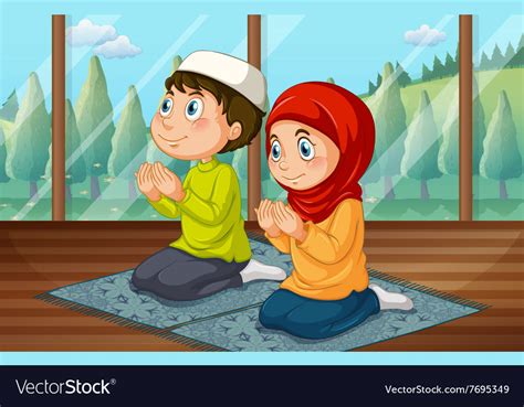 Muslim Boy And Girl Praying In Room Royalty Free Vector