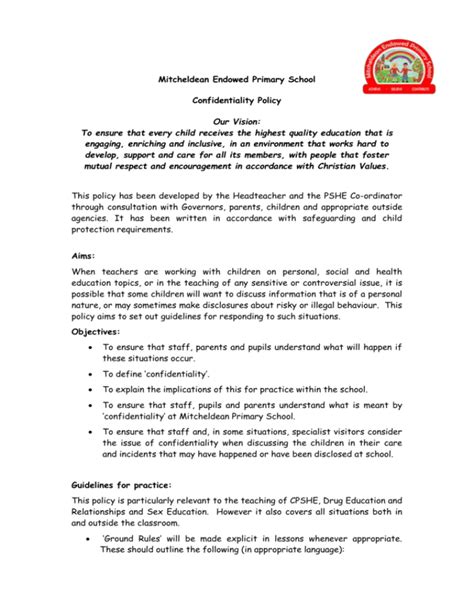 Confidentiality Policy 2014 Mitcheldean Primary School