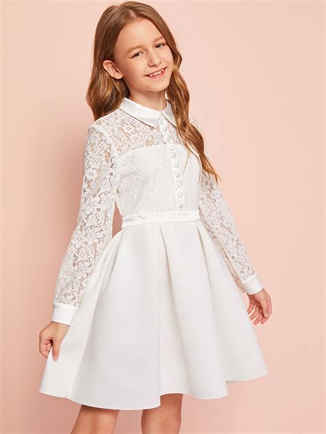 Girls Floral Lace Bodice Button Detail Boxy Pleated Dress Shein Usa
