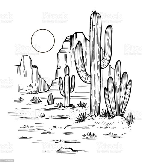 Sketch Of The Desert Of America With Cacti Prairie Landscape Hand Drawn