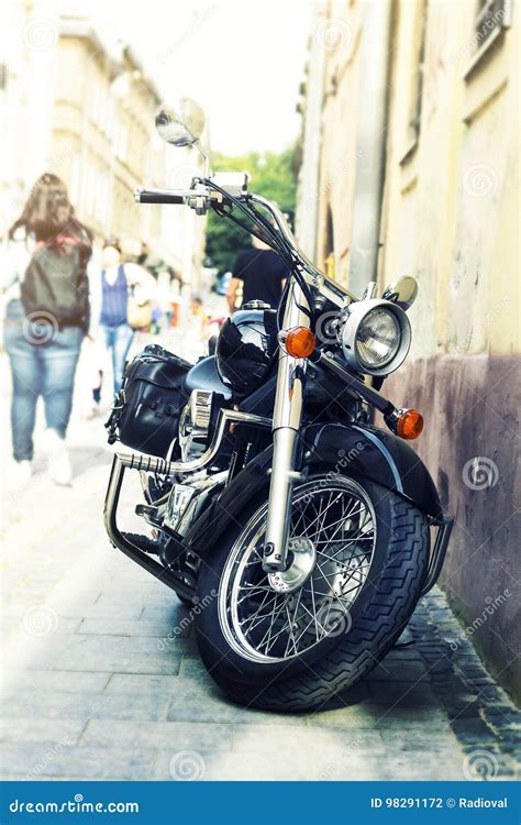 A Beautiful Motorcycle Parked On The City Street Stock Photo Image
