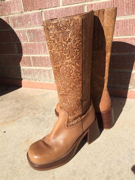 Vintage Bronx Tooled Brown Leather Boots Chunky Heel