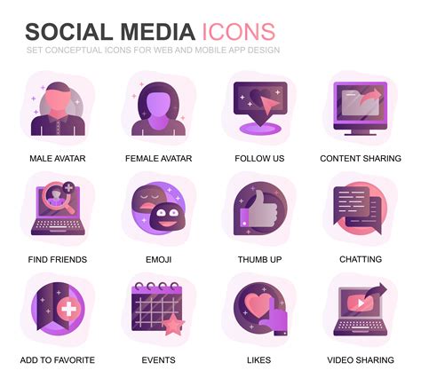 Modern Set Social Media And Network Gradient Flat Icons For Website And