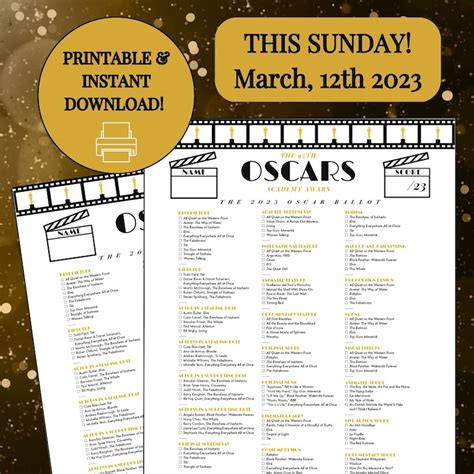 Printable 2023 Oscars Ballot Oscars Party Game Oscar Nominees Ballot