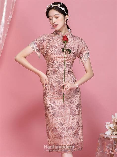 Womens Chinese Lace Qipao Solid Embroidery Cheongsam Mini Bodycon Dress Hanfumodern