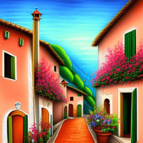 Italian Traditional Village Painting In Pastel Colors With Flowers And