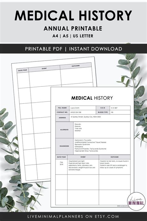 Printable Medical History Chart Health History Printable Etsy