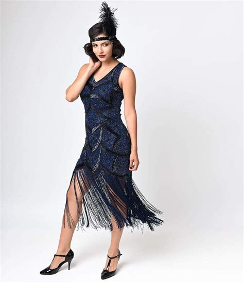 Unique Vintage Black And Blue Beaded Mesh Isadora Fringe Flapper Dress