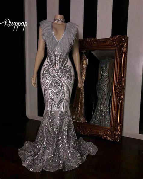 long sequin prom dresses 2019 sexy mermaid v neck african black girl silver feather elegant prom