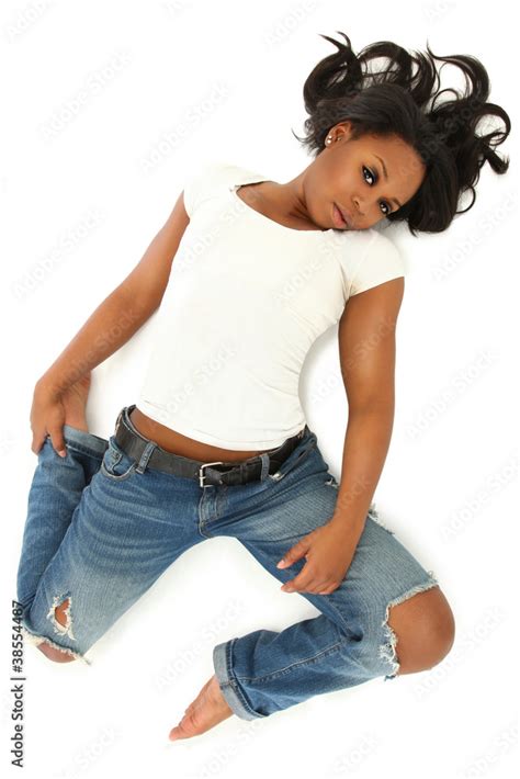 Stock Image Of Semi Naked African American Woman In Denim Jeans Lying My Xxx Hot Girl