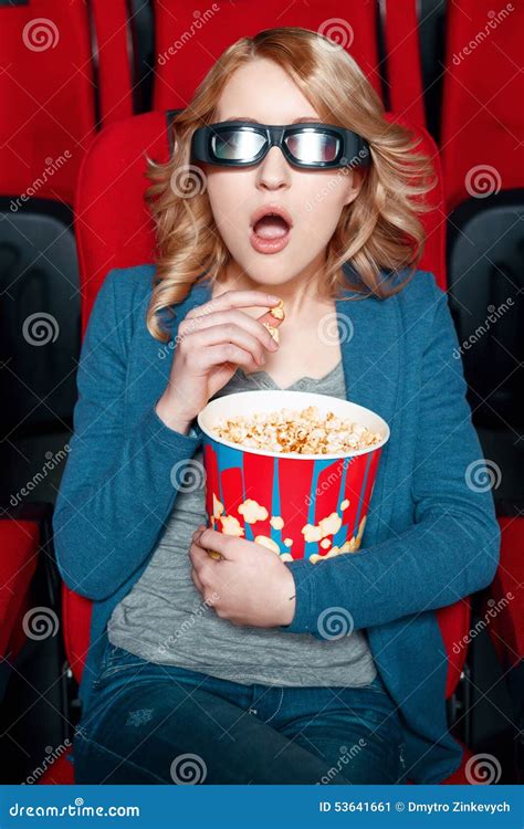 Amazed Woman In Glasses Eating Popcorn Stock Image Image Of Adult