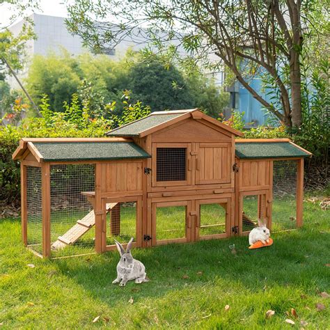 buy rabbit hutch outdoor 74 large bunny cage with waterproof roof removable pull out tray 2