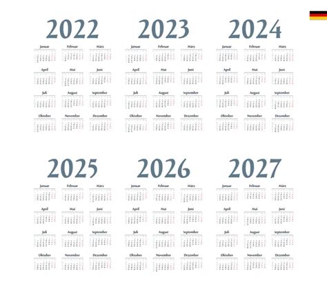German Calendar 2022 2023 2024 2025 2026 2027 Week Starts Stock Vector
