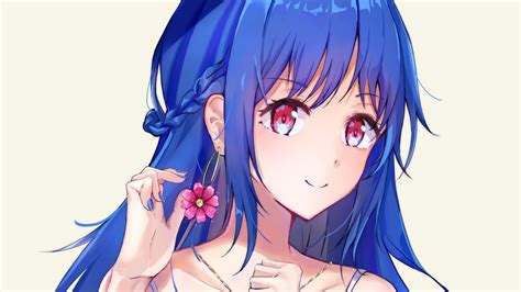 Pink Eyes Blue Hair Anime Girl With Flower Earring Hd Anime Girl Wallpapers Hd Wallpapers Id