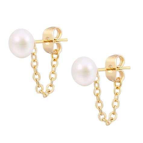 Aobei Pearl Cultured Freswhater Pearl Stud Earring Dainty Gold Chain