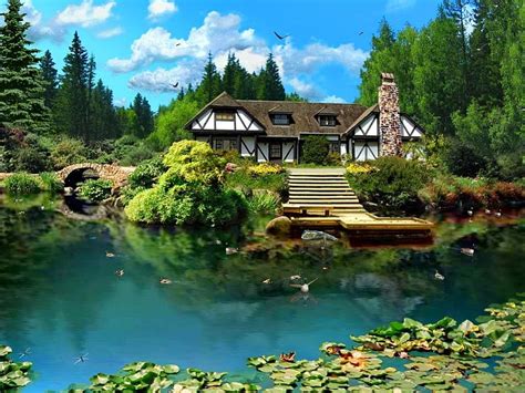 Lake Cabin House Shore Cottage Cabin Bonito Clouds Bushes Nice
